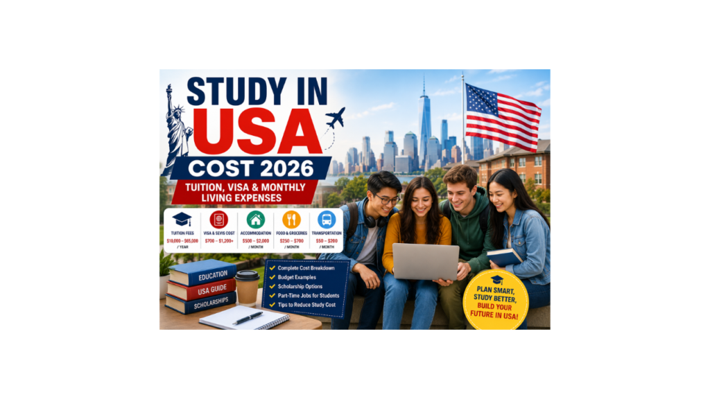 International students planning Study in USA Cost 2026 with tuition, visa, accommodation, food and monthly living expenses guide.
