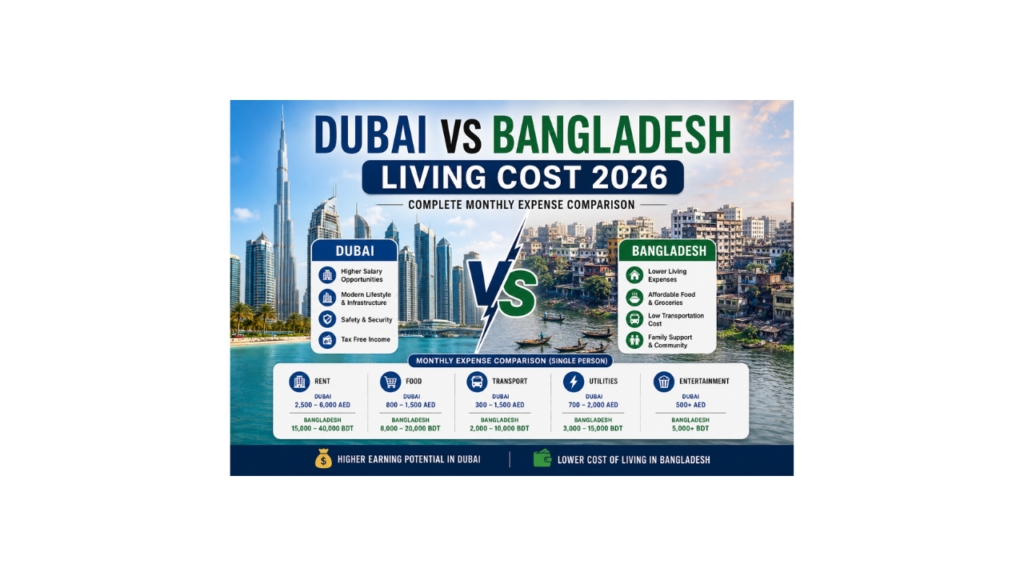 Dubai vs Bangladesh Living Cost 2026 comparison showing monthly expenses, rent, food prices, transportation and lifestyle differences
